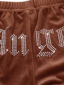 SHEIN Tween Girl Velvet Rhinestone Pocket Hooded Zip-Up Sweatshirt And Slim Flare Pants Casual Elegant 2 Pieces Set, Girl Brown Two Piece Set, Girl Co Ord Set, Girls Brown Velour Tracksuit, Girls Rhinestone Two Piece Fall Winter