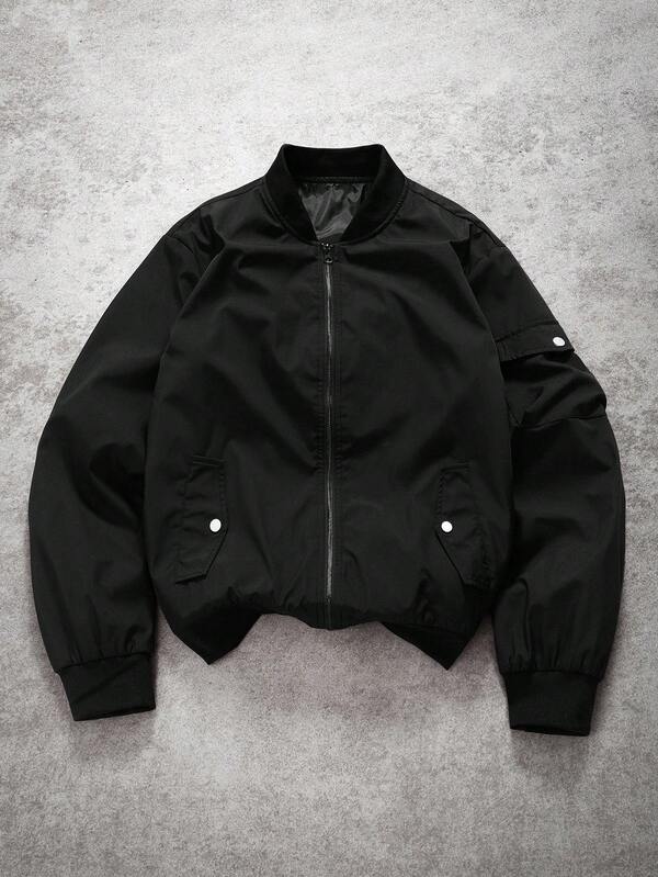 Manfinity EMRG 男士长袖纯色拉链时尚百搭户外防风夹克黑色飞行员夹克街头风户外防风夹克，秋季