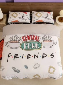 FRIENDS X SHEIN 3pc Coffee Cup Print White Bedding Set,Suitable For Single Bed/Double Bed/Queen Bed/King Bed, Dormitory/Home - Multicolor - View 2
