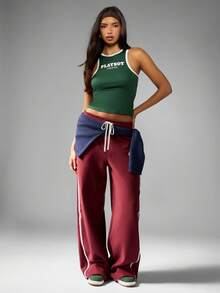 Missguided x Playboy 复古风格标志背心无袖工字背心短款修身休闲 Y2K 美学背心 - 墨綠色 - 查看 3