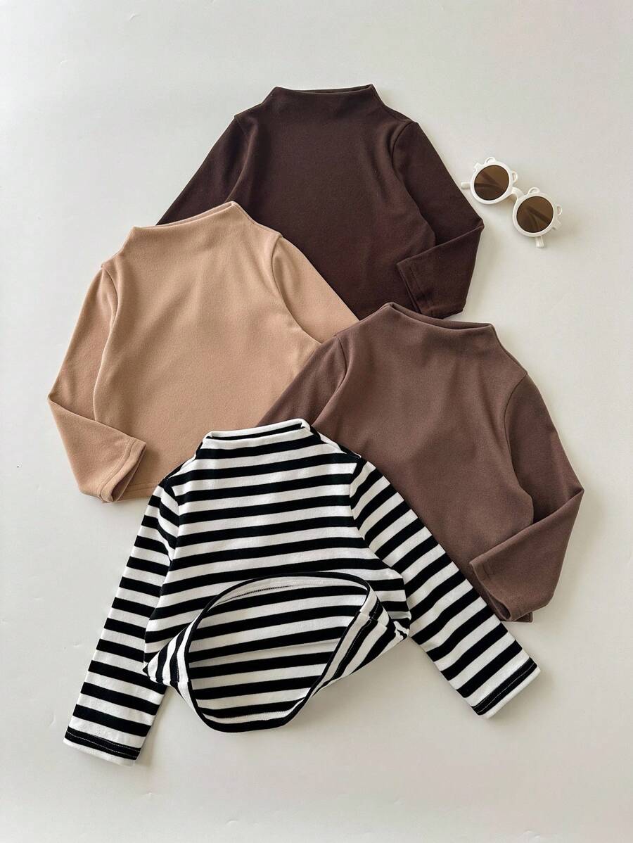 SHEIN 4件装可爱休闲条纹圆领长袖上衣，男女宝宝秋冬通用服装