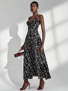 Almamuse Robe élégante pour femmes avec bretelles fines, encolure drapée et fente haute à l'ourlet - Noir - Voir 3
