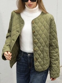 Aveloria Modichic 时尚休闲百搭通勤仿亚麻菱形绗缝圆领口袋纽扣女式夹棉大衣 - 軍綠色 - 查看 4