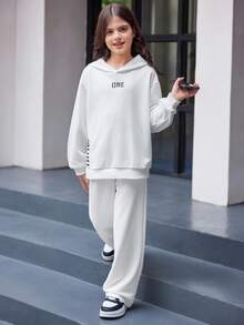 Tween Girl Letter Graphic Hoodie And Sweatpants Set, Casual Sports, Autumn Fall Winter - White - View 3