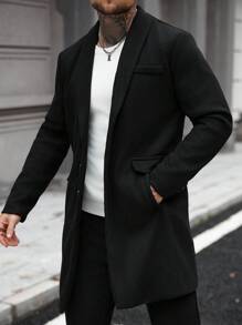 Manfinity CasualCool Klassischer Regular Fit Kniemantel in einfachem Schwarz für Herren, langärmelig, formeller Stil, eleganter schwarzer Mantel, Business Lässig Herren Winter Schwarzer Mantel, Herbst