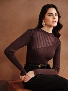 Anewsta Semi-Turtleneck Sheer Fitted Knit Sweater - Brown - View 1