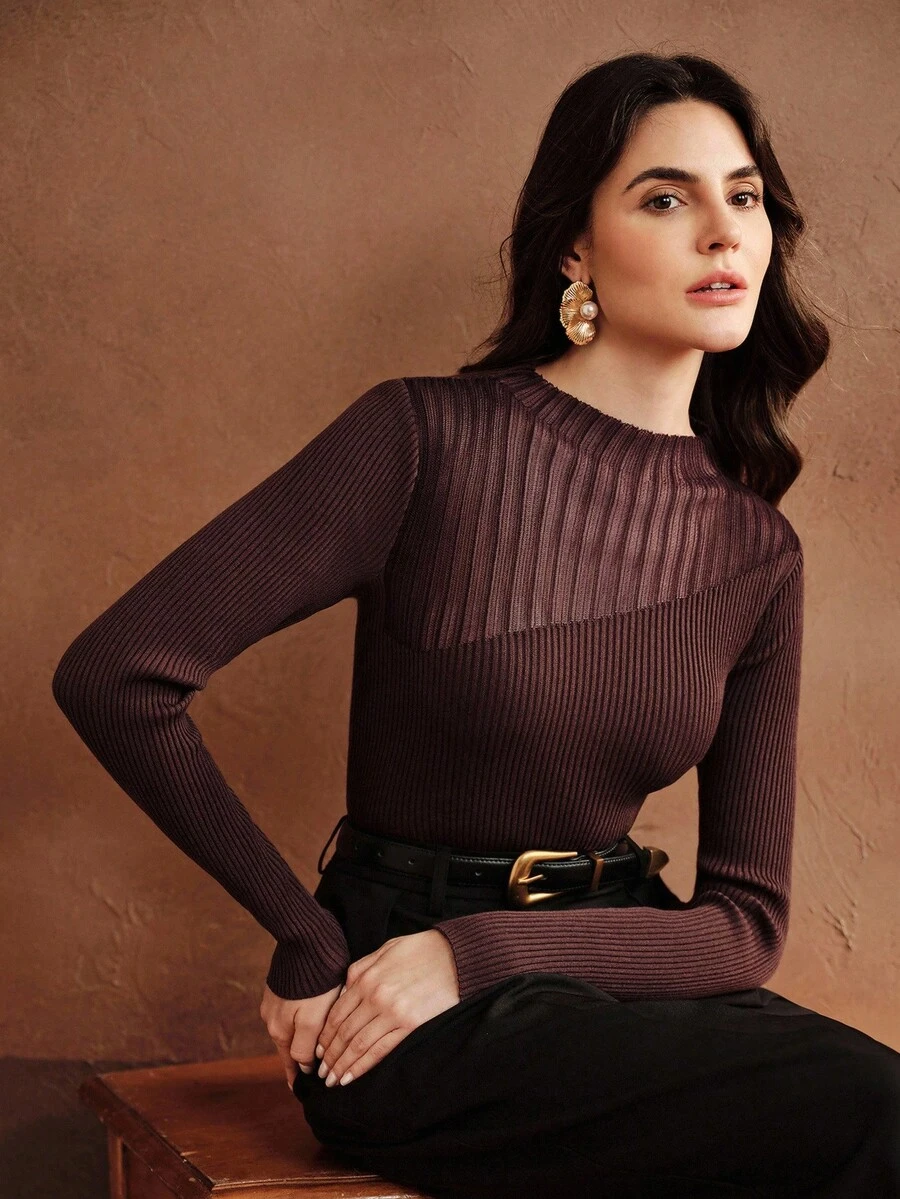 Anewsta Semi-Turtleneck Sheer Fitted Knit Sweater - Brown - View 1