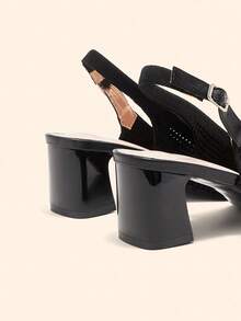 CUCCOO BASICS Damen Spitze Sexy Plateau Absatz Mittlerer Absatz Schwarze Strick Slingback Schnallengurt Atmungsaktive Frühlingssschuhe - Schwarz - Übersicht 4