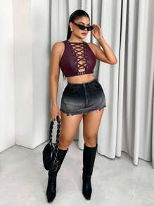 Sirith 2025 Lady's New Sexy PU Leather Eyelet Crossed Strap Women's Top, Suitable For Parties, Nightclubs, And Bold Girls - Red - View 4