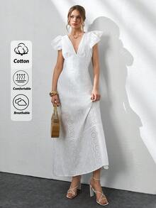 CLARA VERO Women Solid Color Embroidery Detailed Maxi Dress - White - View 1