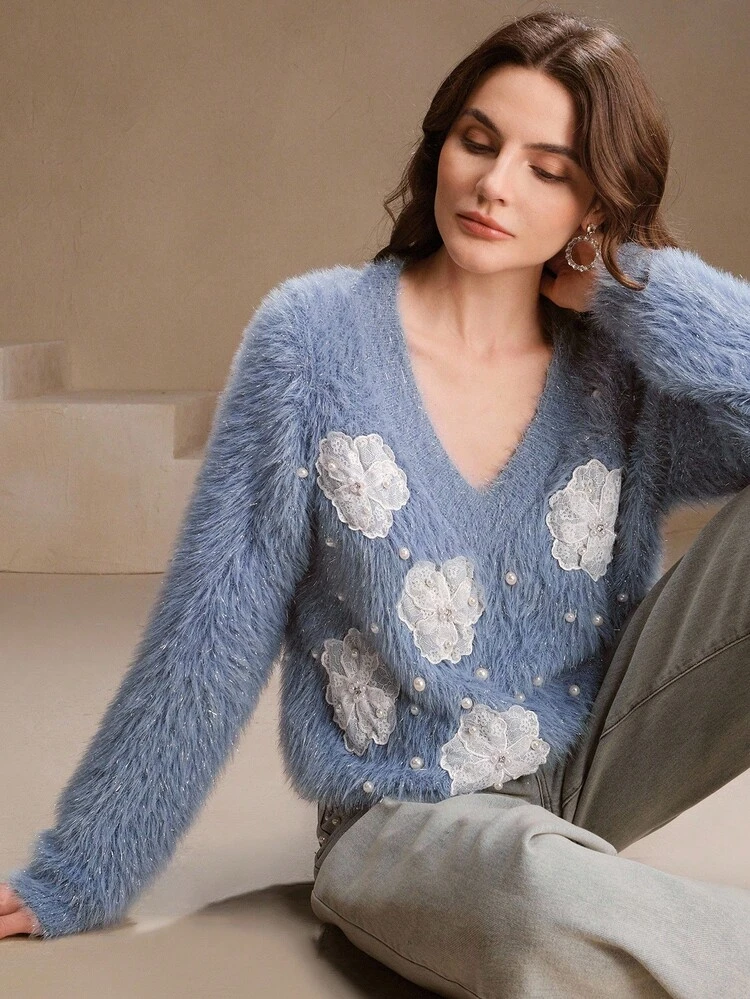 Women's Round Neck T-Shirt, Fashionable Pom-Pom 3D Floral Fuzzy Long Sleeve Sweater, Suitable For Fall, Autumn, Winter, Elegant, Chic, New Year, Casual