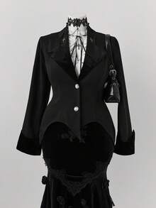 Sweetra Chaqueta corta de estilo Lolita, de tela de terciopelo con diseño de parche de elemento de murciélago elegante y dulce en la cintura, estilo gótico, para otoño - Negro - Ver 9