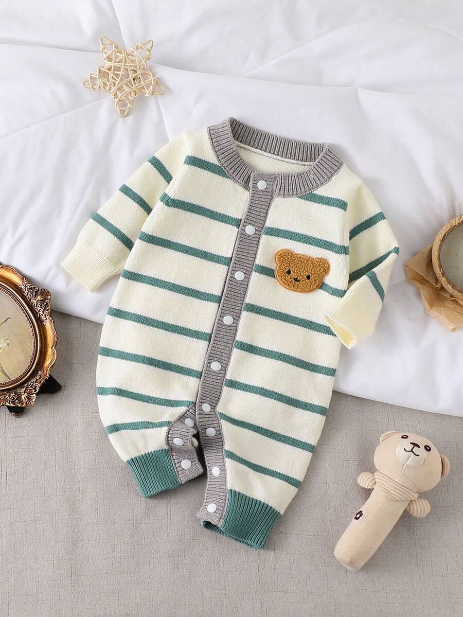 SHEIN Vintaside Kids رومبير أطفال رضع ذكور عصرية وجذابة متعددة الاستخدامات مزينة بخطوط ملونة مصنوعة من الأقمشة المحبوكة - أخضر - مشاهدة 1