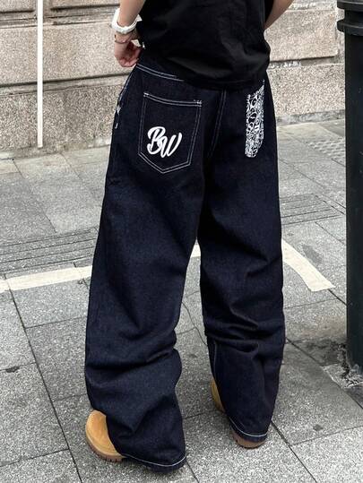 PAVTROS 男士Streetrush时尚口袋印花宽松阔腿牛仔裤