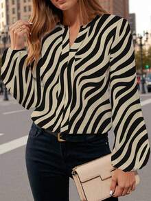 Glamance Pati Paints 斑马纹咖啡色休闲简约动物图案印花女衬衫，适合秋季通勤穿斑马纹衬衫条纹衬衫长袖衬衫女衬衫斑马上衣