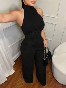 SHEIN SXY 2件組休閒通勤無袖上衣與純色長褲套裝，黑色，適合豐滿身材，大尺碼女款 - 黑色 - 查看 6