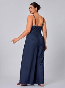 Flexra Plus Size Women Knitted Denim High Slit Jumpsuit - Dark Wash - View 2