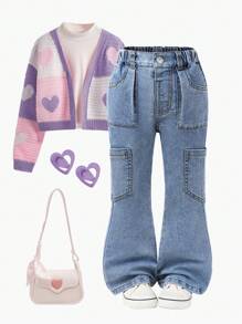 Pantalones acampanados de mezclilla azul desgastada para niñas jóvenes, versátiles y de moda casual - Azul lavado medio - Ver 1