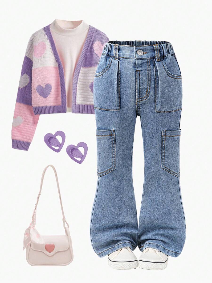 Pantalones acampanados de mezclilla azul desgastada para niñas jóvenes, versátiles y de moda casual - Azul lavado medio - Ver 1