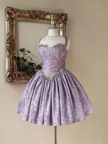 Lovelzi Váy dạ hội trang trọng chữ A ngắn không tay bằng vải satin jacquard màu tím sang trọng và thanh lịch dành cho nữ - Màu tím - Xem 5