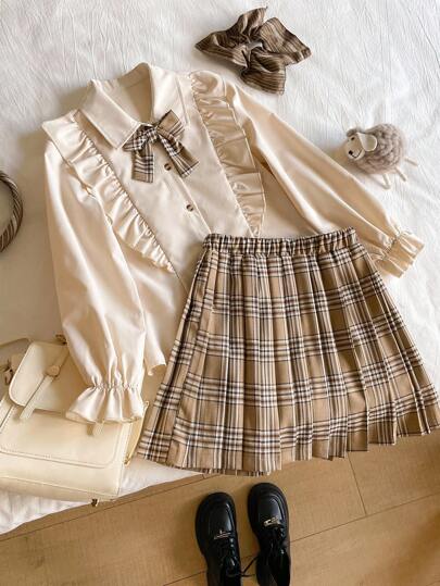 Tween Girl Ruffle Patchwork Long Sleeve Button-Up Shirt And Plaid Pleated Mini Skirt Casual Outfit Fall Winter Clothes