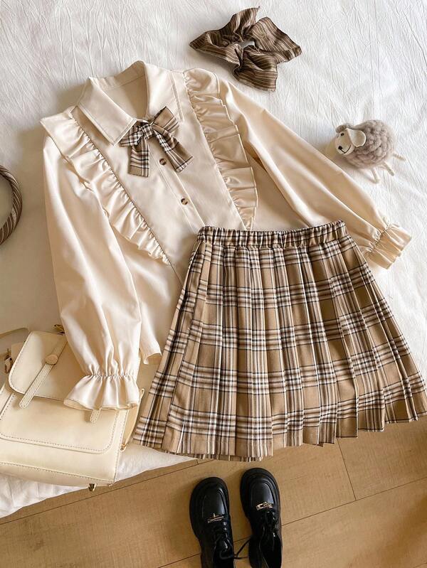 Tween Girl Ruffle Patchwork Long Sleeve Button-Up Shirt And Plaid Pleated Mini Skirt Casual Outfit