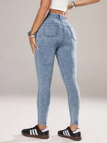 Jeanoix 女士时尚弹力斜口袋紧身牛仔裤 - 淺色水洗藍 - 查看 2