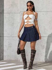 SHEIN ICON Minifalda plisada de mezclilla de unicolor casual para mujer