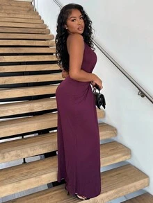 Alexandranx Vestido de punto sin espalda de unicolor para mujer - Burdeos - Ver 6
