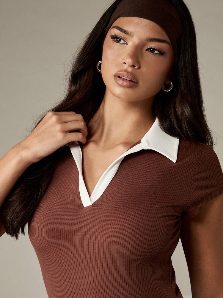 MISSGUIDED Retro Style Collared Playsuit Romper With Ribbed Texture Form Fitting Short Sleeve Mini Length Tennis Fashion Basic Loungewear