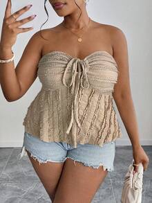 SHEIN PETITE CURVE 大码女式夏季休闲通勤度假风格纯色蕾丝拼布前系带紧身胸衣娃娃装抹胸上衣 - 摩卡棕 - 查看 6