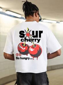 Manfinity Roghcode Men's Casual Cherry Letter Print Short Sleeve T-Shirt, Summer - White - View 2