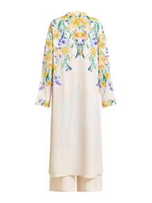 Ellevyn 女士宽松长款衬衫外套和阔腿裤两件套，黄色花卉印花，优雅日常穿着 - 彩色 - 查看 4