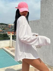 DAZY Solid Half Button Drop Shoulder Cover Up Summer,Beach Women Outfits Vacation Outfits Women - White - View 2