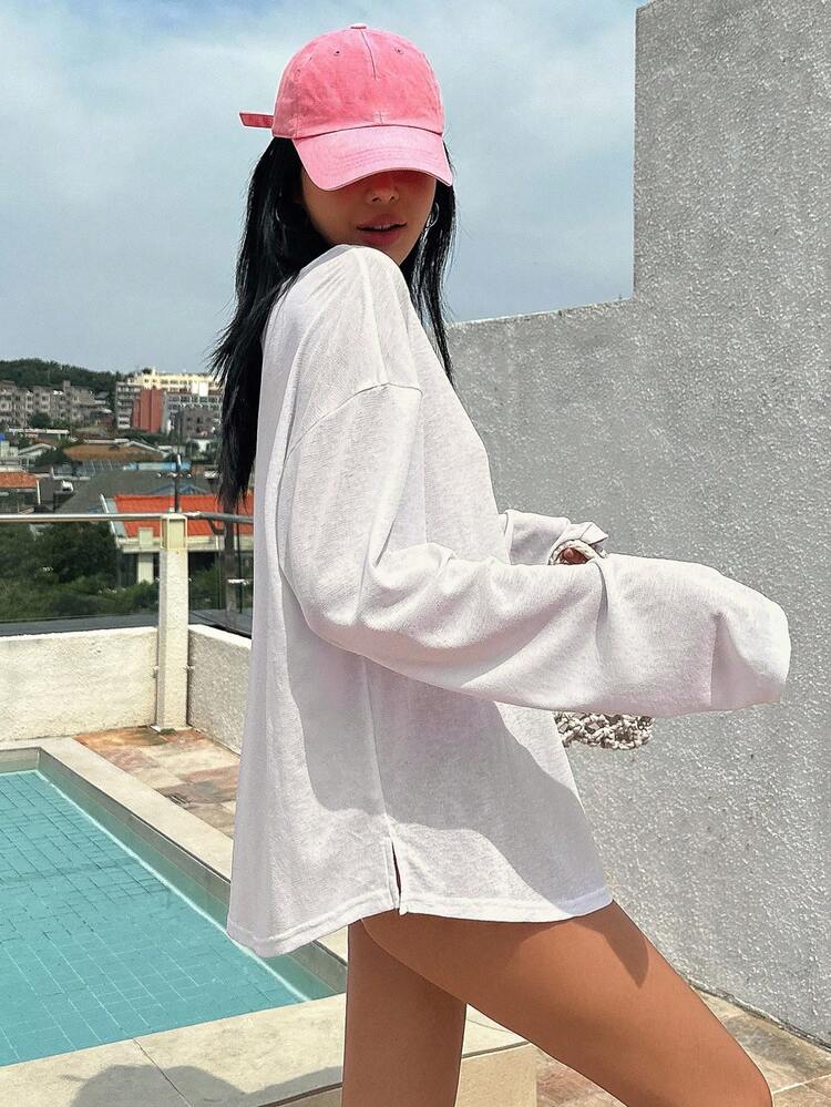 Solid Half Button Drop Shoulder Cover Up Summer,Beach Women Outfits Vacation Outfits Women