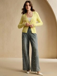 Anewsta Women's Lace Floral Beaded Yellow Cardigan - Yellow - View 5