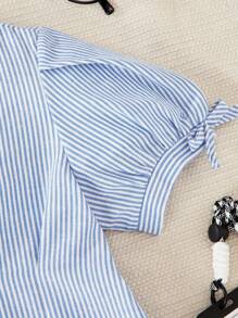 SHEIN Casuvi Kids 条纹纽扣前短袖休闲衬衫，灯笼袖，蝴蝶结褶饰腰部 A 字型修身款式，适合少女，夏季通勤和度假 蓝白条纹衬衫女孩蓝色条纹衬衫少女女孩夏季衬衫