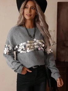 Women's Handmade Sequin Embellished Western Casual Sweater, LanaWest Fall Winter Cloth For Women - Grey - View 5