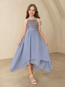 Girls' Chiffon Sequin Princess Dress, Suitable For Halloween, Graduation, Music Performance, Recital, Stage Show - Blue - View 1
