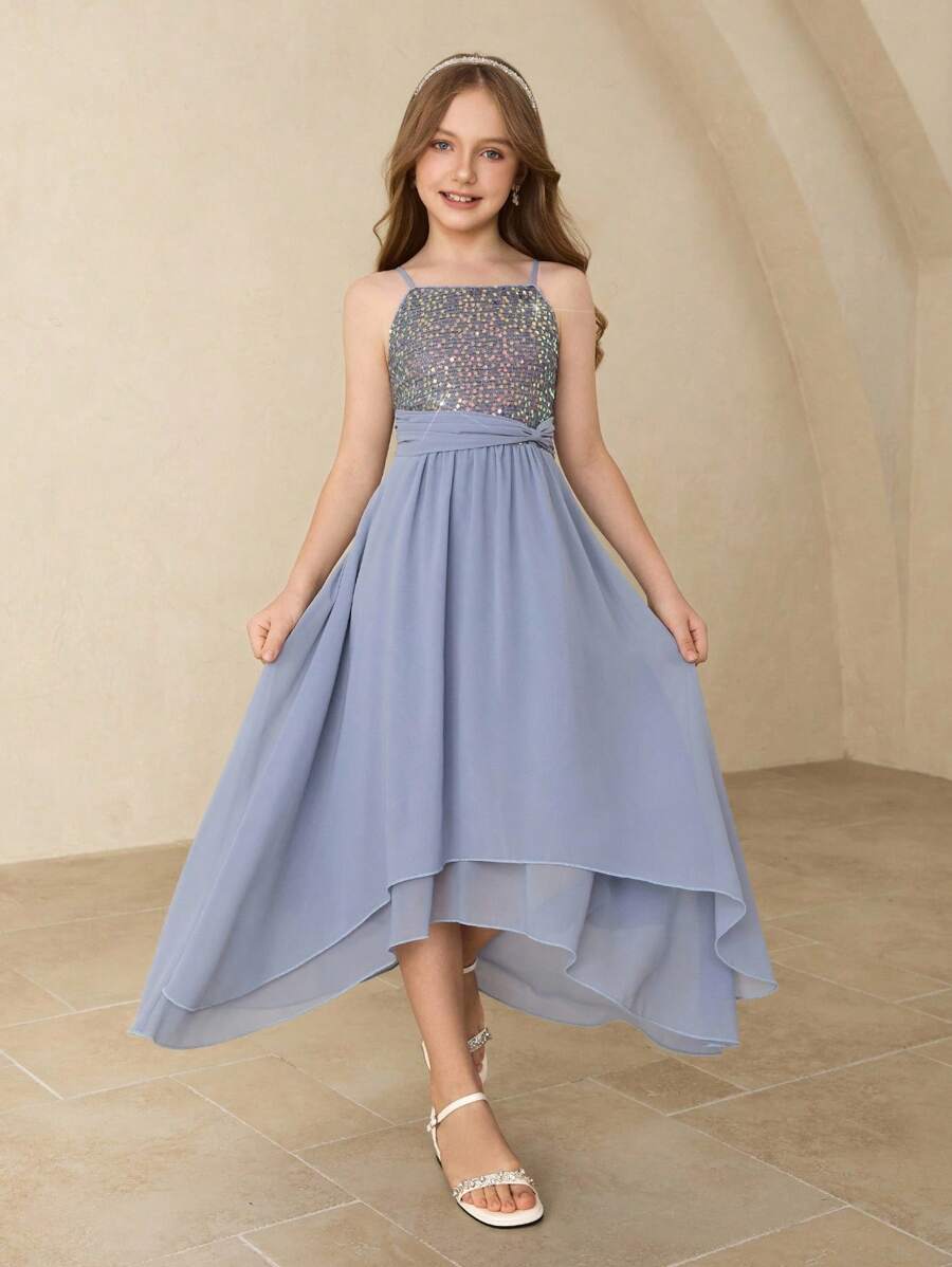 Girls' Chiffon Sequin Princess Dress, Suitable For Halloween, Graduation, Music Performance, Recital, Stage Show - Blue - View 1