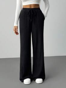 SHEIN Tall Pantalones anchos de pierna ancha con cinturón de unicolor, pantalones cargo casuales y sueltos para mujer - Negro - Ver 3