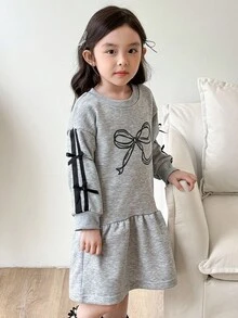 Genkimix Kids Váy công chúa trang trí nơ tay dài thanh lịch cho bé gái - Xám - Xem 4