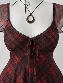 Sunspun Vestido de manga corta con cuello cuadrado y estampado de cuadros, talla grande, para verano