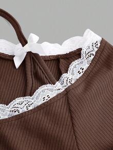 SHEIN Girlism 少女罗纹领蕾丝边立领短款T恤 - 棕色 - 查看 3