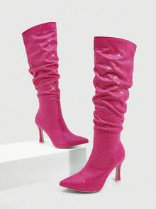 CUCCOO SZL 女士尖头高跟紫红色皱纹水钻装饰性感及膝靴，适合夜总会、派对、聚会，粉色 - 玫紅色 - 查看 4