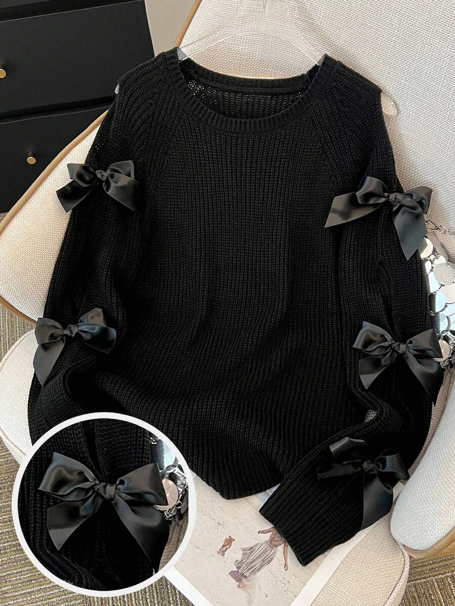SHEIN 少女纯色圆领插肩袖长袖蝴蝶结装饰毛衣 - 黑色 - 查看 1