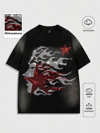 Street Life Herren Streetstyle Lässig T-Shirt mit Strass Verzierung, geeignet für Frühling/Sommer, 2000er Jahre Stil
