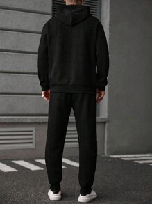 Manfinity LEGND Men's Hooded Sweatshirt Set, Mature Street Style Textured Fabric, English Letter Print Pattern - Black - View 2