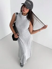 Aidyla Women's Autumn Knitted Brushed Ribbed Grey Sleeveless Mock Neck Fitted Slit Dress Turtleneck Dress Fall Women Dress - Grey - View 5