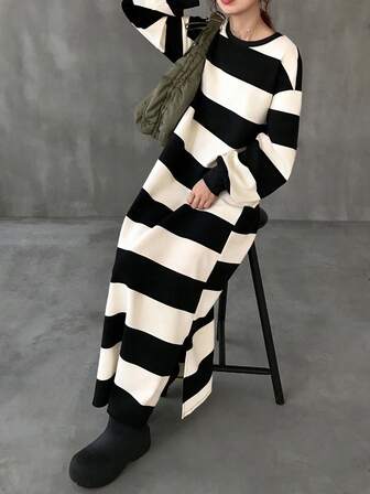 FRIFUL Damen Rundhals Oversized Langarm Schwarz-Weiß gestreiftes gerades langes Kleid, Herbstkleid, Outdoor-Kleid, Herbstmode